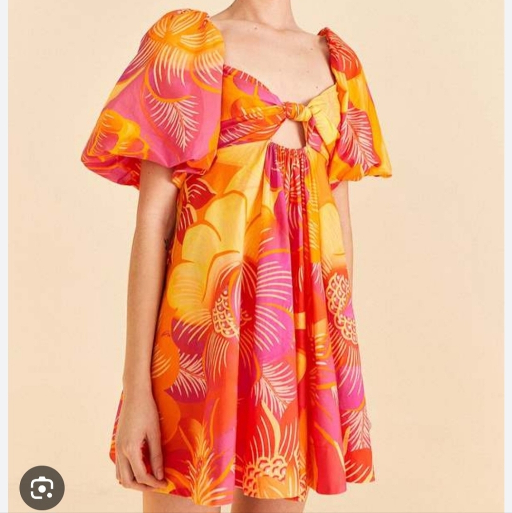 FARM Rio summer garden ombre puff sleeve tie back mini dress floral orange pink